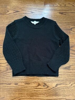 Black Knit Crewneck Sweater with Textured Sleeves
